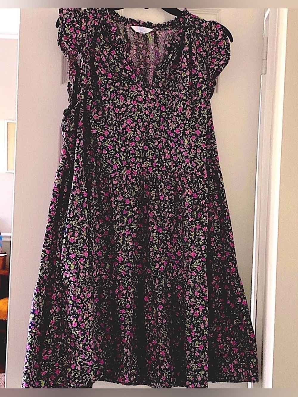 Purple Floral 100% Cotton XL Sundress 2 Pockets/ Ruffle Sleeve/ Collar